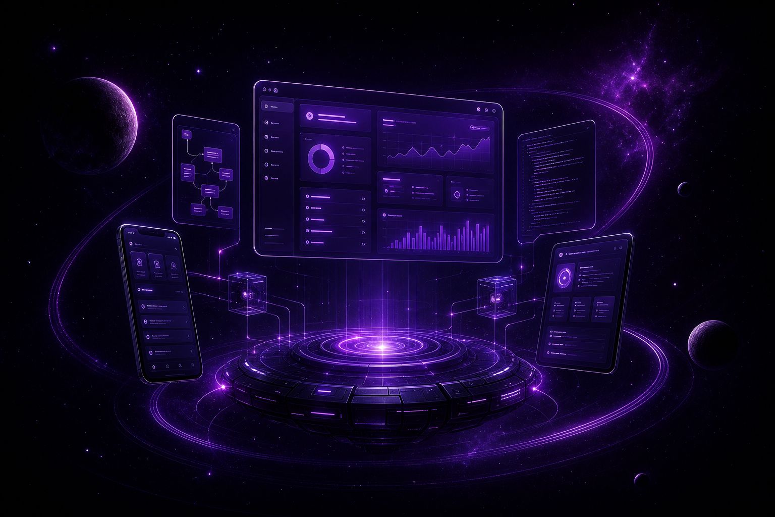 Sistemas personalizados web e app da KOLO Digital representados por interface tecnológica espacial